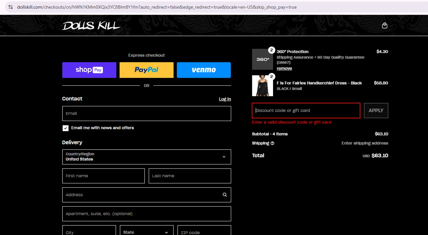 Dolls Kill discount code screenshot showing code AMORE. applied at Dolls Kill checkout page. Uploaded by SimplyCodes community member Samu10 on Aug 2, 2025