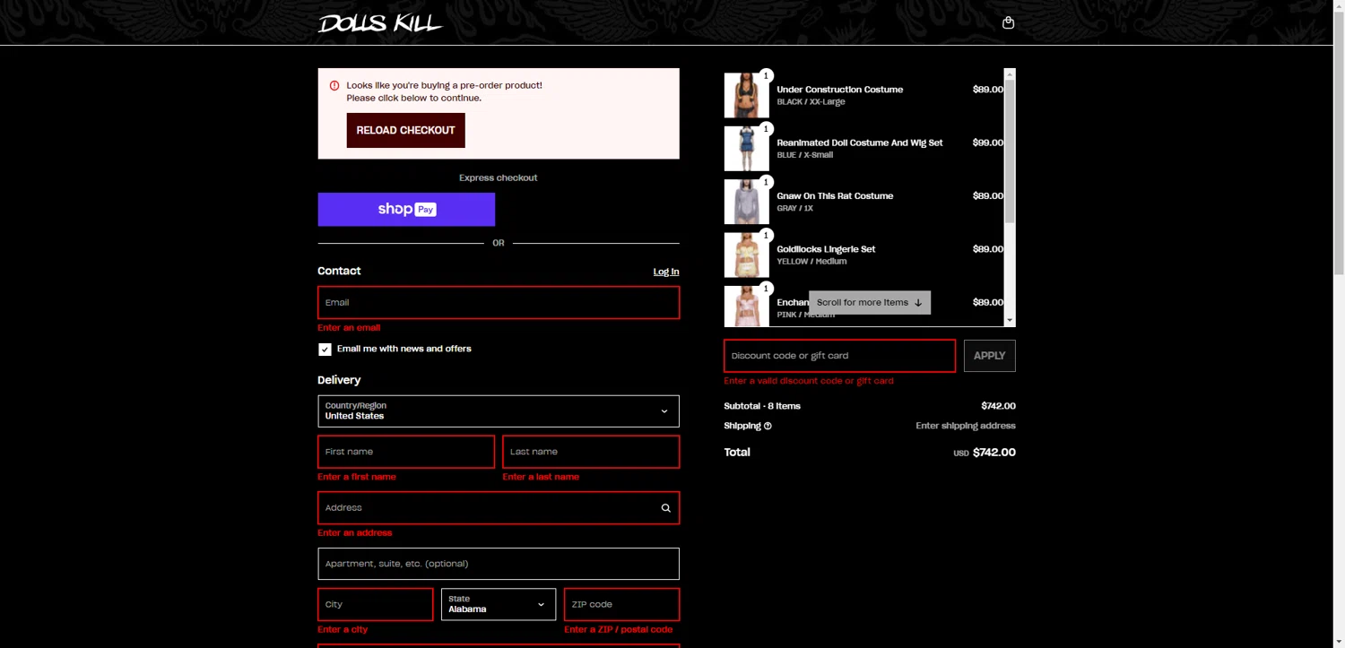 Dolls Kill discount code screenshot showing code VAYCAY applied at Dolls Kill checkout page. Uploaded by SimplyCodes community member CashSentinel5495 on Aug 2, 2025