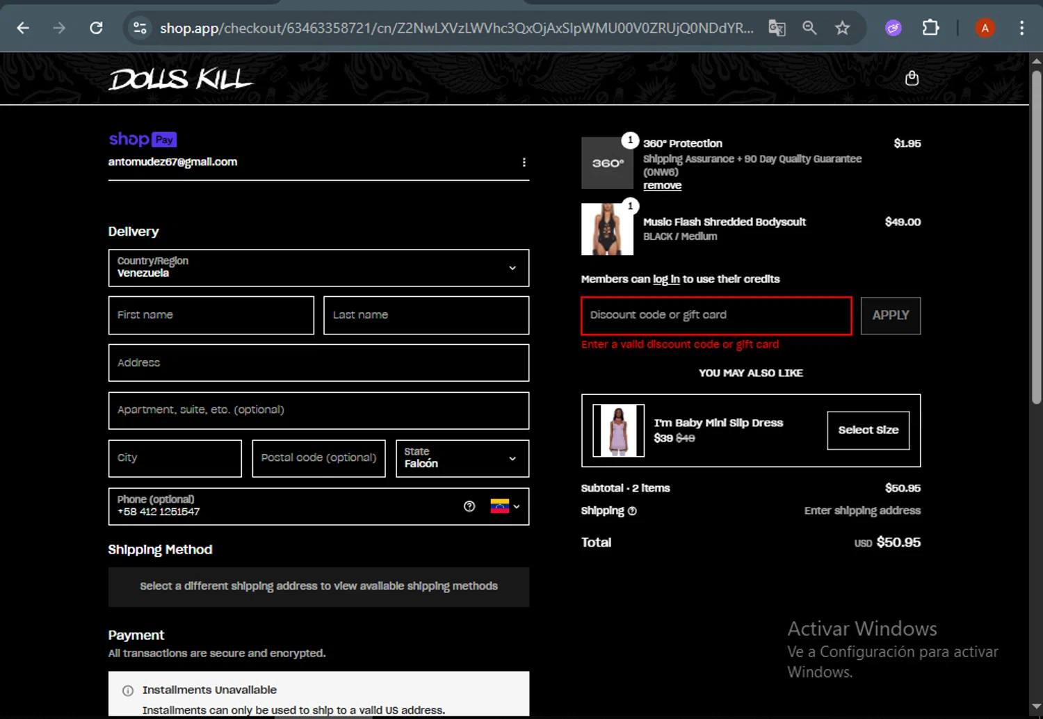 Dolls Kill discount code screenshot showing code VAYCAY applied at Dolls Kill checkout page. Uploaded by SimplyCodes community member ThriftyLegend5118 on Jul 10, 2025