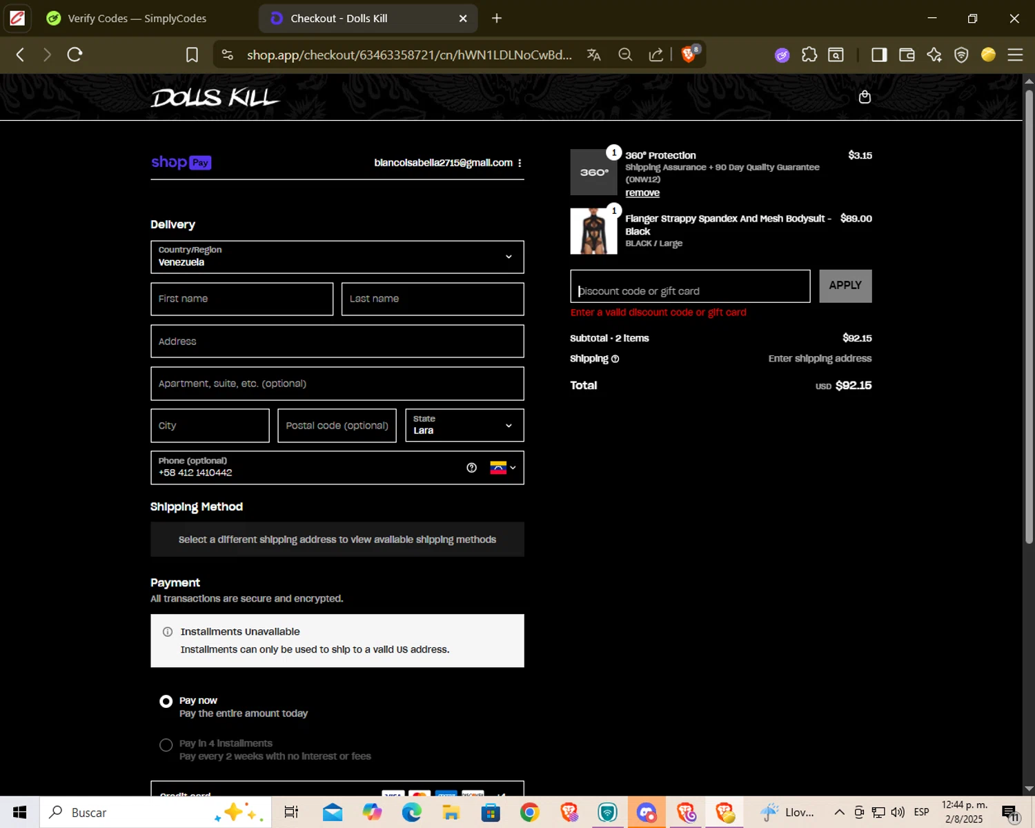 Dolls Kill discount code screenshot showing code VAYCAY applied at Dolls Kill checkout page. Uploaded by SimplyCodes community member Yure2713 on Aug 2, 2025