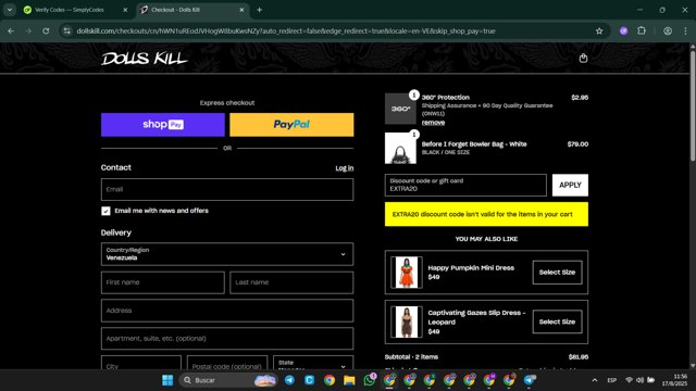 Dolls Kill checkout page showing Dolls Kill discount code box | Screenshot taken by SimplyCodes community member on Aug 17, 2025