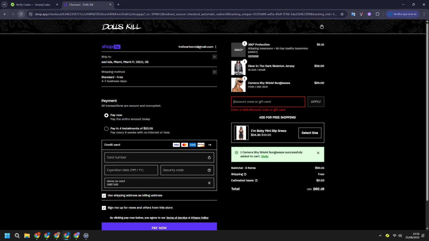 Dolls Kill discount code screenshot showing code Sunkissed applied at Dolls Kill checkout page. Uploaded by SimplyCodes community member CashLegend3767 on Aug 26, 2025