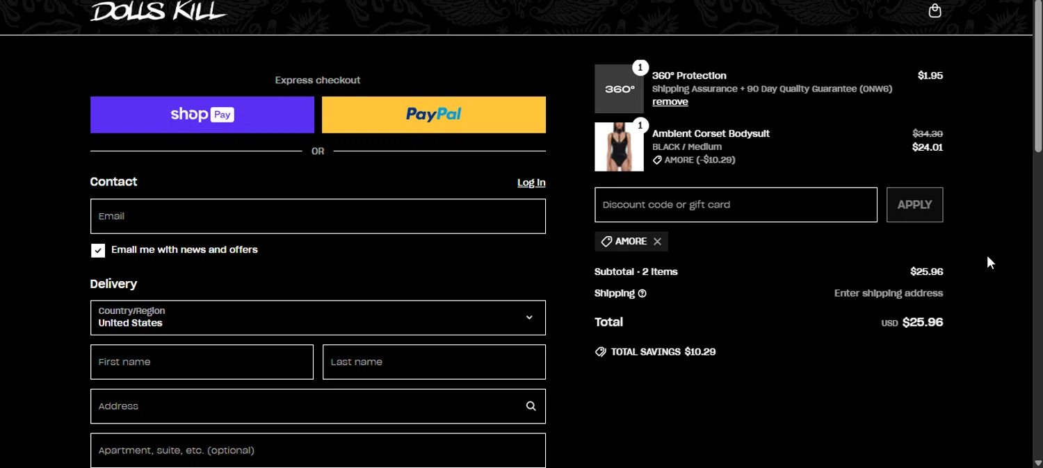 Dolls Kill discount code screenshot showing code AMORE. applied at Dolls Kill checkout page. Uploaded by SimplyCodes community member eyesblues on Jun 12, 2025
