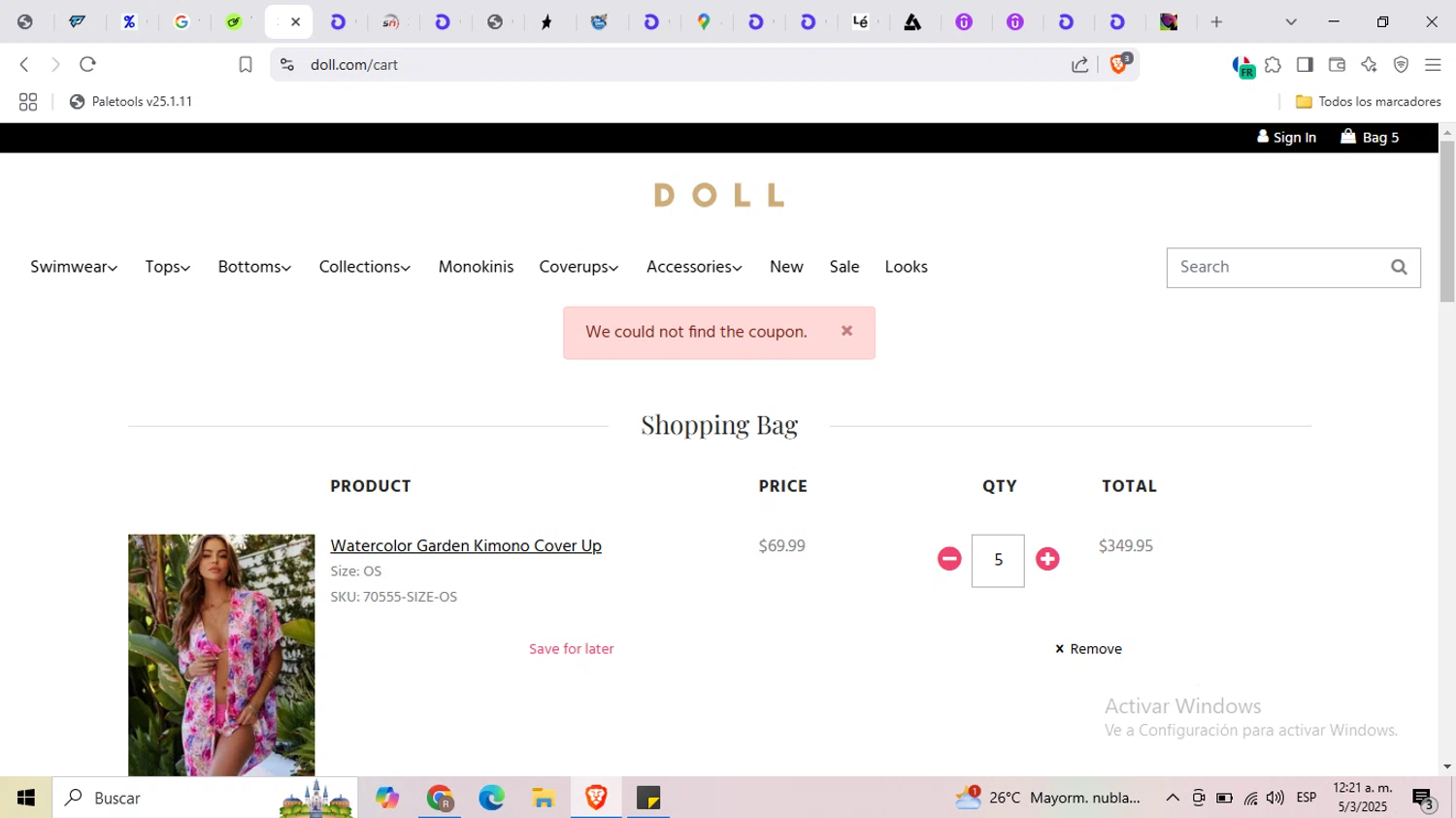 DOLL Swimwear coupon code screenshot showing code COVERUPS20 applied at DOLL Swimwear checkout page. Uploaded by SimplyCodes community member MangoFC on Mar 5, 2025