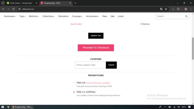 DOLL Swimwear checkout page showing DOLL Swimwear coupon code box | Screenshot taken by SimplyCodes community member on May 15, 2024