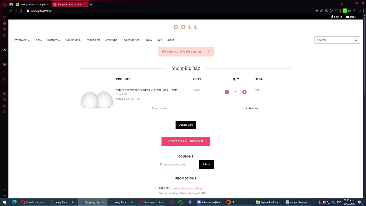 DOLL Swimwear coupon code screenshot showing code BRIANADOLL25 applied at DOLL Swimwear checkout page. Uploaded by SimplyCodes community member CuponEscobar on Mar 2, 2025