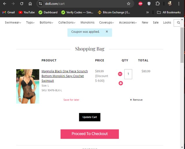 DOLL Swimwear checkout page showing DOLL Swimwear coupon code box | Screenshot taken by SimplyCodes community member on Sep 6, 2024