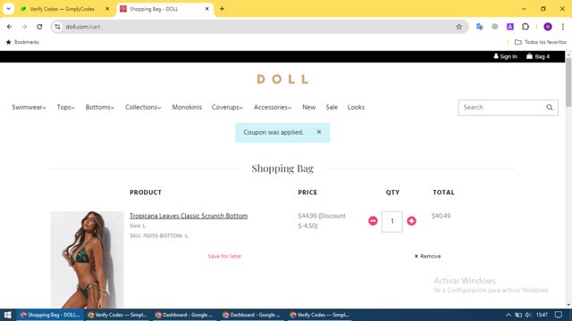 DOLL Swimwear checkout page showing DOLL Swimwear coupon code box | Screenshot taken by SimplyCodes community member on Sep 6, 2024