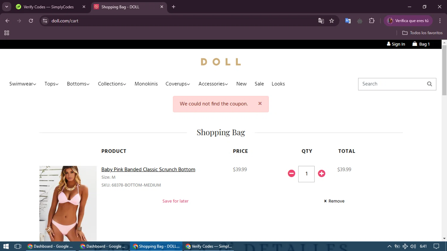DOLL Swimwear coupon code screenshot showing code SUNSHINE10 applied at DOLL Swimwear checkout page. Uploaded by SimplyCodes community member royershumberto on Feb 15, 2025