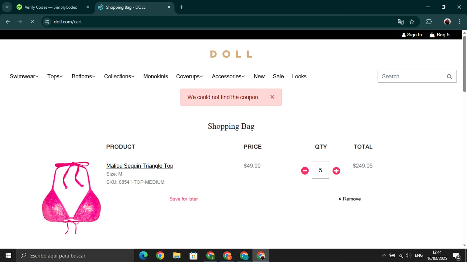 DOLL Swimwear coupon code screenshot showing code SUNSHINE10 applied at DOLL Swimwear checkout page. Uploaded by SimplyCodes community member youngonzalo on Mar 16, 2025