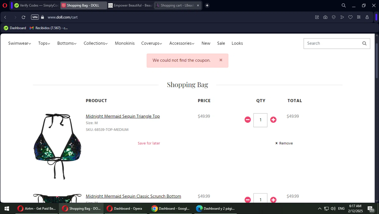 DOLL Swimwear coupon code screenshot showing code BIKINI2025 applied at DOLL Swimwear checkout page. Uploaded by SimplyCodes community member MaitoGai on Feb 12, 2025