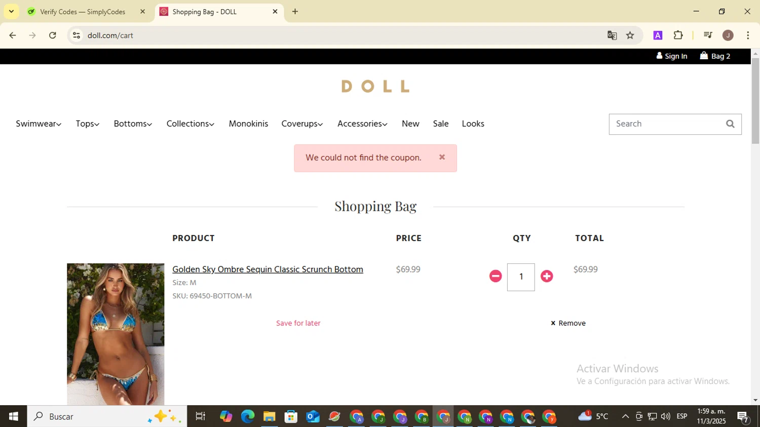 DOLL Swimwear coupon code screenshot showing code BIKINI2025 applied at DOLL Swimwear checkout page. Uploaded by SimplyCodes community member ValiantHero2365 on Mar 11, 2025