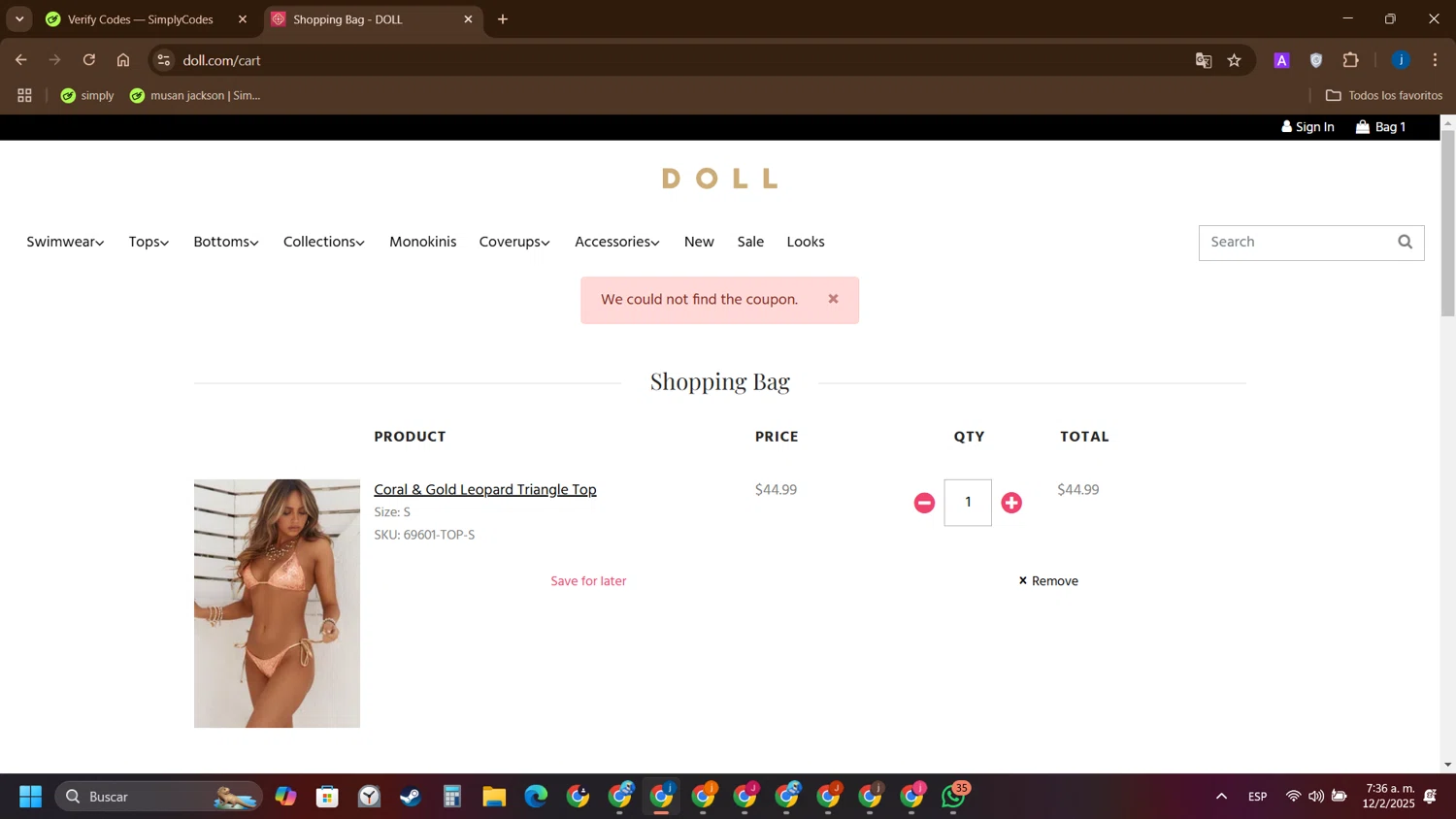 DOLL Swimwear coupon code screenshot showing code BIKINI2025 applied at DOLL Swimwear checkout page. Uploaded by SimplyCodes community member yameteqdasai on Feb 12, 2025