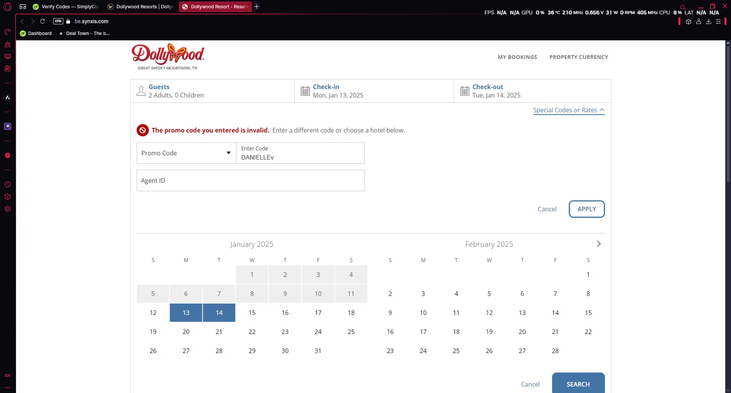Dollywood Parks & Resorts promo code screenshot showing code DANIELLE applied at Dollywood Parks & Resorts checkout page. Uploaded by SimplyCodes community member luissi on Jan 13, 2025