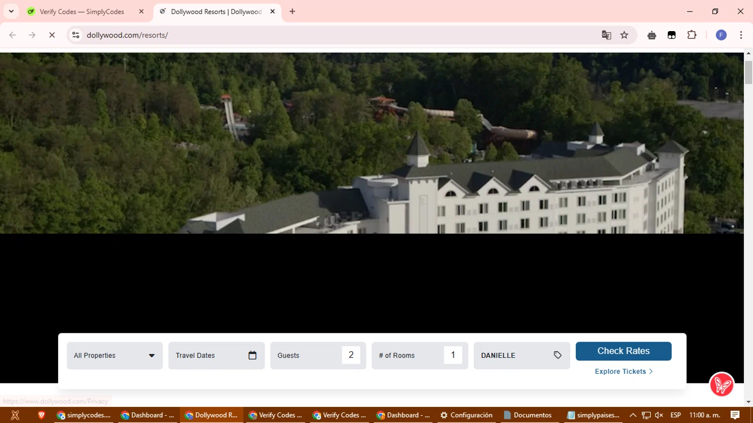 Dollywood Parks & Resorts promo code screenshot showing code DANIELLE applied at Dollywood Parks & Resorts checkout page. Uploaded by SimplyCodes community member 123exss on Jan 13, 2025