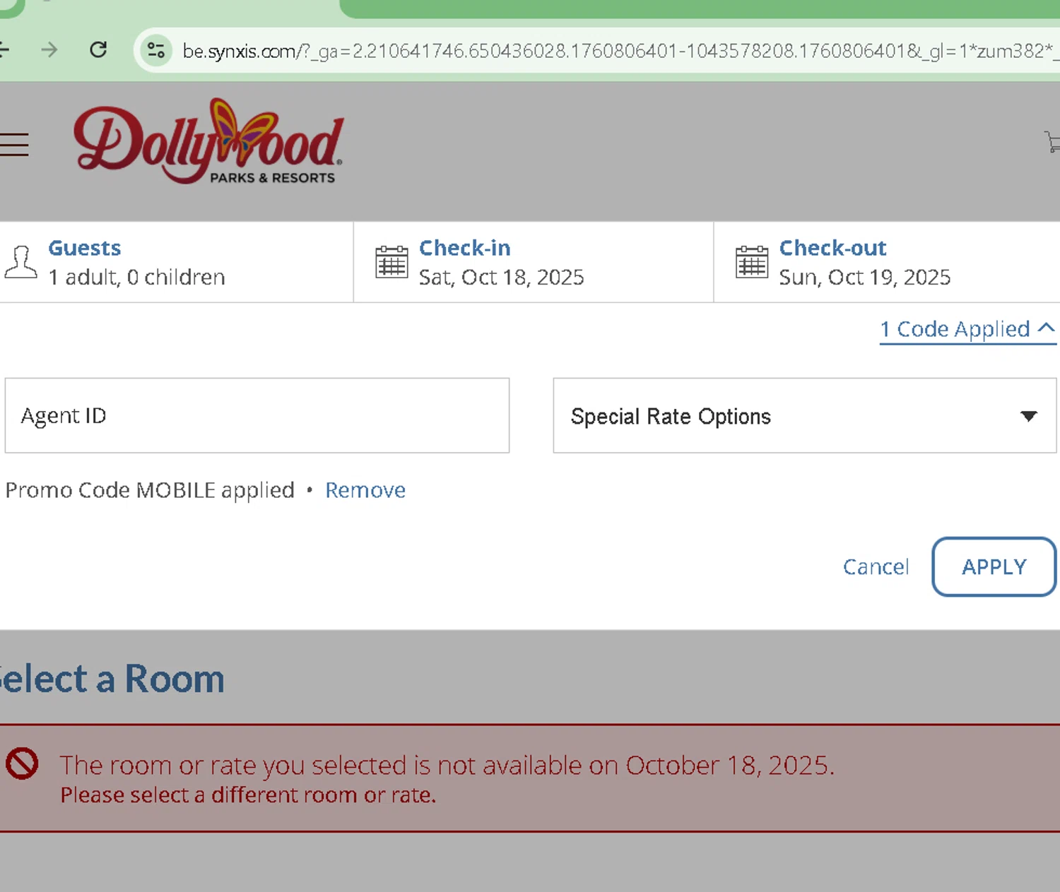 Dollywood Parks & Resorts promo code screenshot showing code MOBILE applied at Dollywood Parks & Resorts checkout page. Uploaded by SimplyCodes community member SavingsPro6397 on Oct 18, 2025