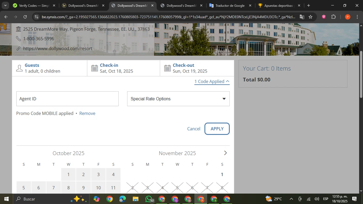 Dollywood Parks & Resorts promo code screenshot showing code MOBILE applied at Dollywood Parks & Resorts checkout page. Uploaded by SimplyCodes community member VictoriousCaptain2658 on Oct 18, 2025