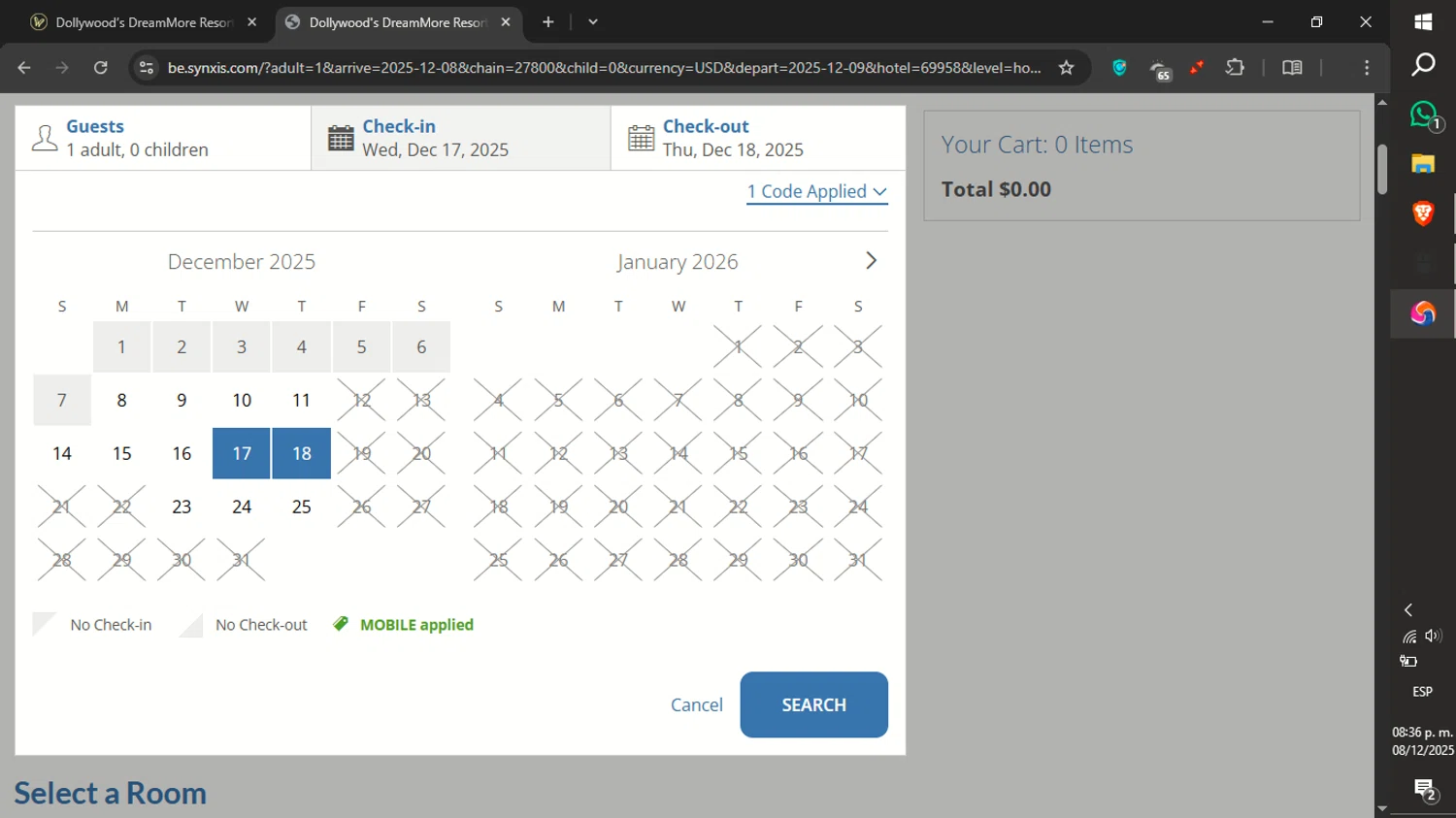 Dollywood Parks & Resorts promo code screenshot showing code MOBILE applied at Dollywood Parks & Resorts checkout page. Uploaded by SimplyCodes community member xXdevoragoticas69Xx on Dec 9, 2025