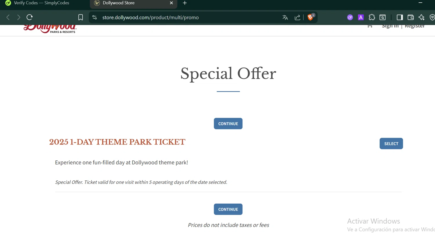 Dollywood Parks & Resorts promo code screenshot showing code SEANCTIXB applied at Dollywood Parks & Resorts checkout page. Uploaded by SimplyCodes community member PennyCaptain4684 on Sep 25, 2025