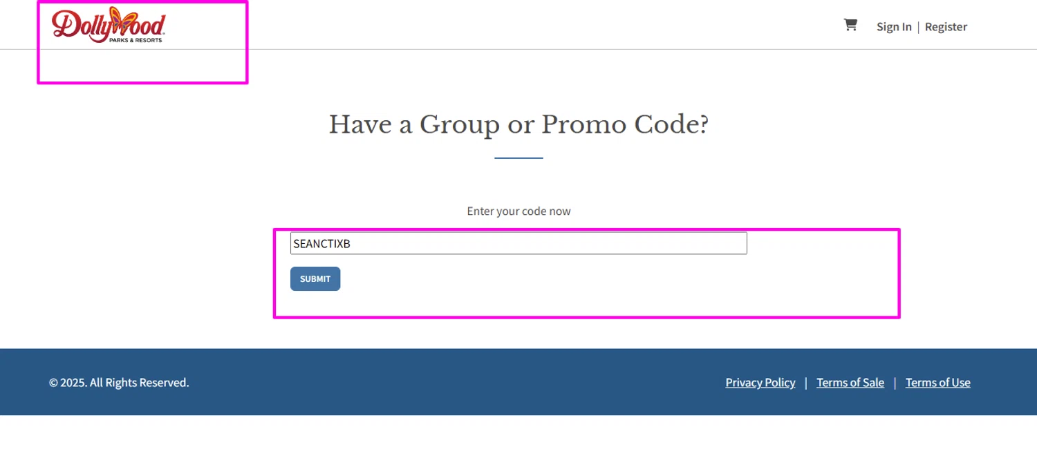 Dollywood Parks & Resorts promo code screenshot showing code SEANCTIXB applied at Dollywood Parks & Resorts checkout page. Uploaded by SimplyCodes community member mrdarcy on Aug 27, 2025
