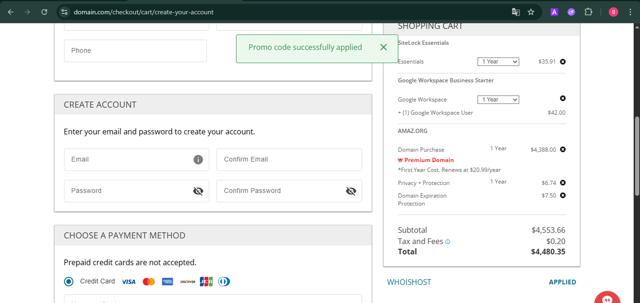 Domain.com checkout page showing Domain.com promo code box | Screenshot taken by SimplyCodes community member on Aug 22, 2025