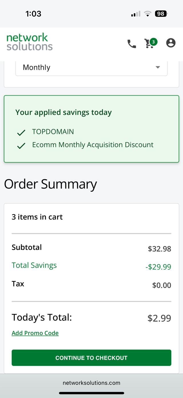Domain.com checkout page showing Domain.com promo code box | Screenshot taken by SimplyCodes community member on Sep 15, 2025