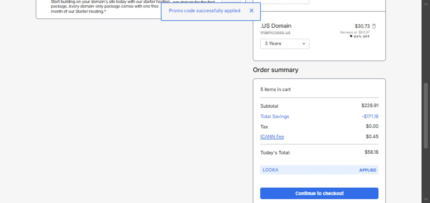 Domain.com promo code screenshot showing code LOOKA applied at Domain.com checkout page. Uploaded by SimplyCodes community member TraxoGamer on Feb 25, 2026