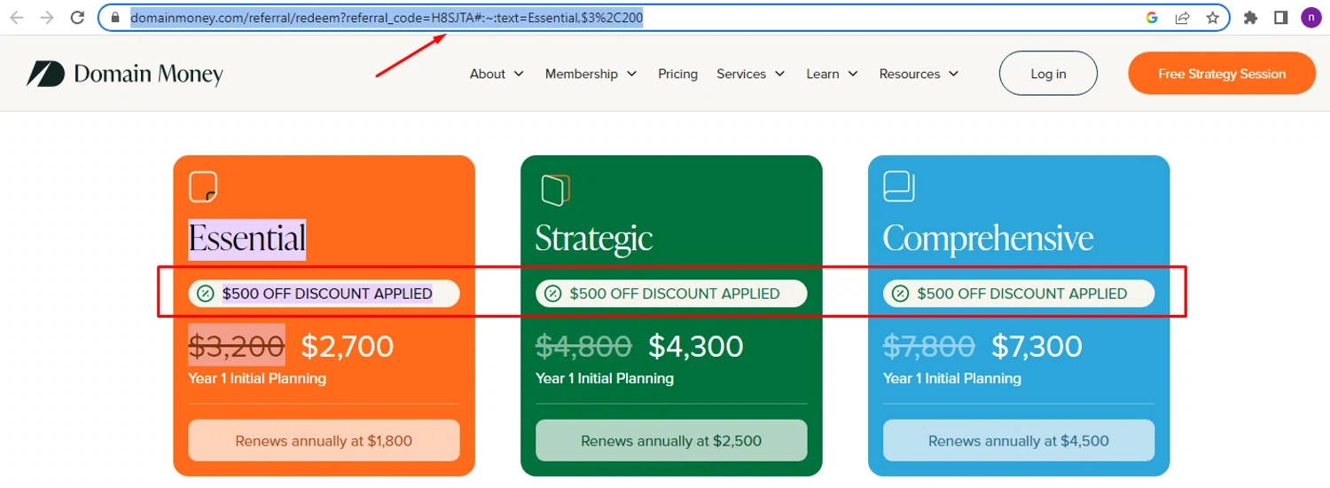 Domain Money promo code screenshot showing code H8SJTA applied at Domain Money checkout page. Uploaded by SimplyCodes community member Alofoke on Nov 27, 2025
