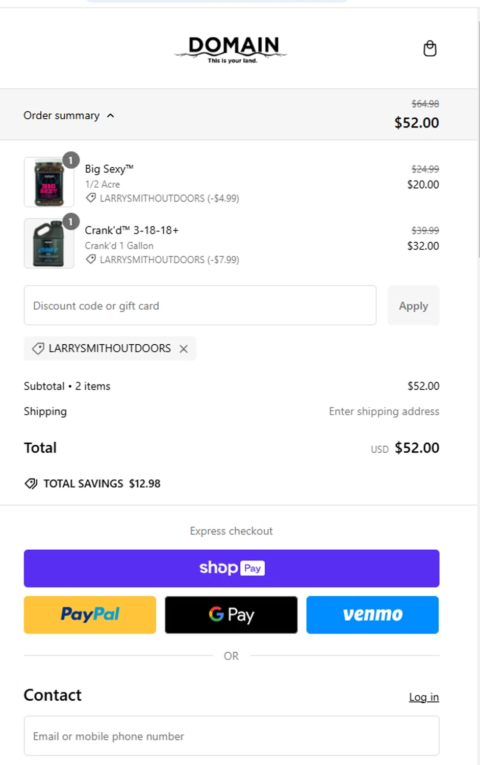 Domain Outdoor promo code screenshot showing code LARRYSMITHOUTDOORS applied at Domain Outdoor checkout page. Uploaded by SimplyCodes community member Franyer12 on Dec 29, 2024