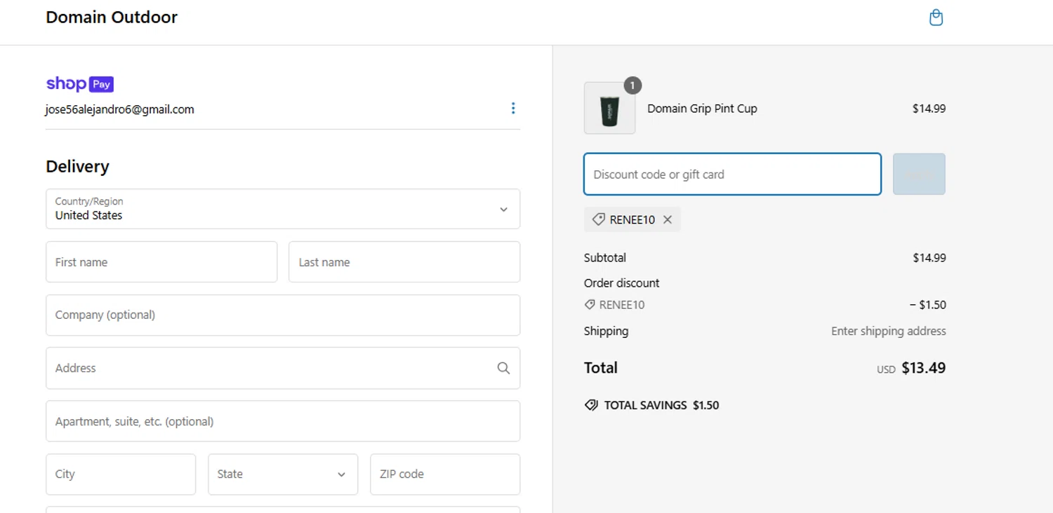 Domain Outdoor promo code screenshot showing code Renee10 applied at Domain Outdoor checkout page. Uploaded by SimplyCodes community member Kmacho on Feb 27, 2025