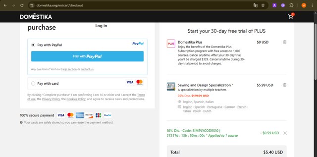 Domestika checkout page showing Domestika discount code box | Screenshot taken by SimplyCodes community member on Aug 5, 2025