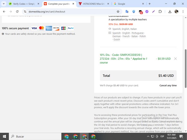 Domestika checkout page showing Domestika discount code box | Screenshot taken by SimplyCodes community member on Jul 21, 2025
