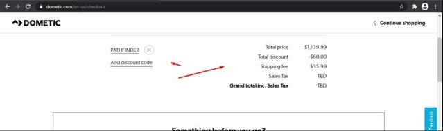 Dometic checkout page showing Dometic discount code box | Screenshot taken by SimplyCodes community member on Mar 10, 2022