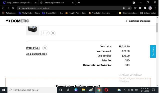 Dometic checkout page showing Dometic discount code box | Screenshot taken by SimplyCodes community member on Nov 3, 2021