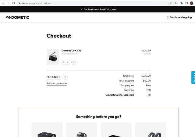 Dometic checkout page showing Dometic discount code box | Screenshot taken by SimplyCodes community member on May 13, 2022