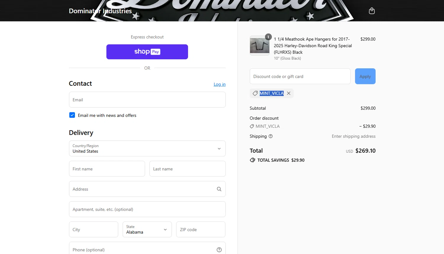 Dominator Cycles discount code screenshot showing code MINT_VICLA applied at Dominator Cycles checkout page. Uploaded by SimplyCodes community member Marboroooooooooooo on Aug 27, 2025