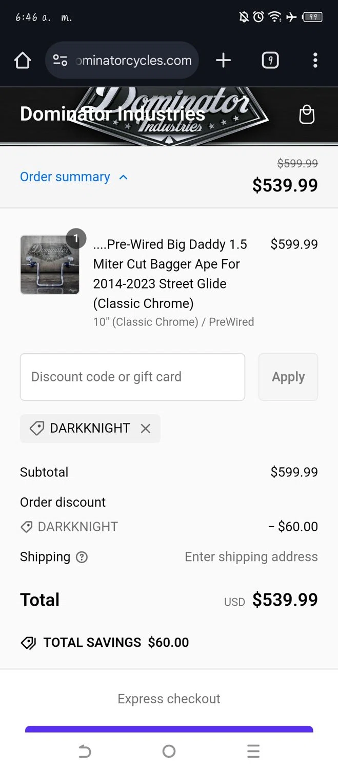 Dominator Cycles discount code screenshot showing code DARKKNIGHT applied at Dominator Cycles checkout page. Uploaded by SimplyCodes community member WonderW on Feb 23, 2025