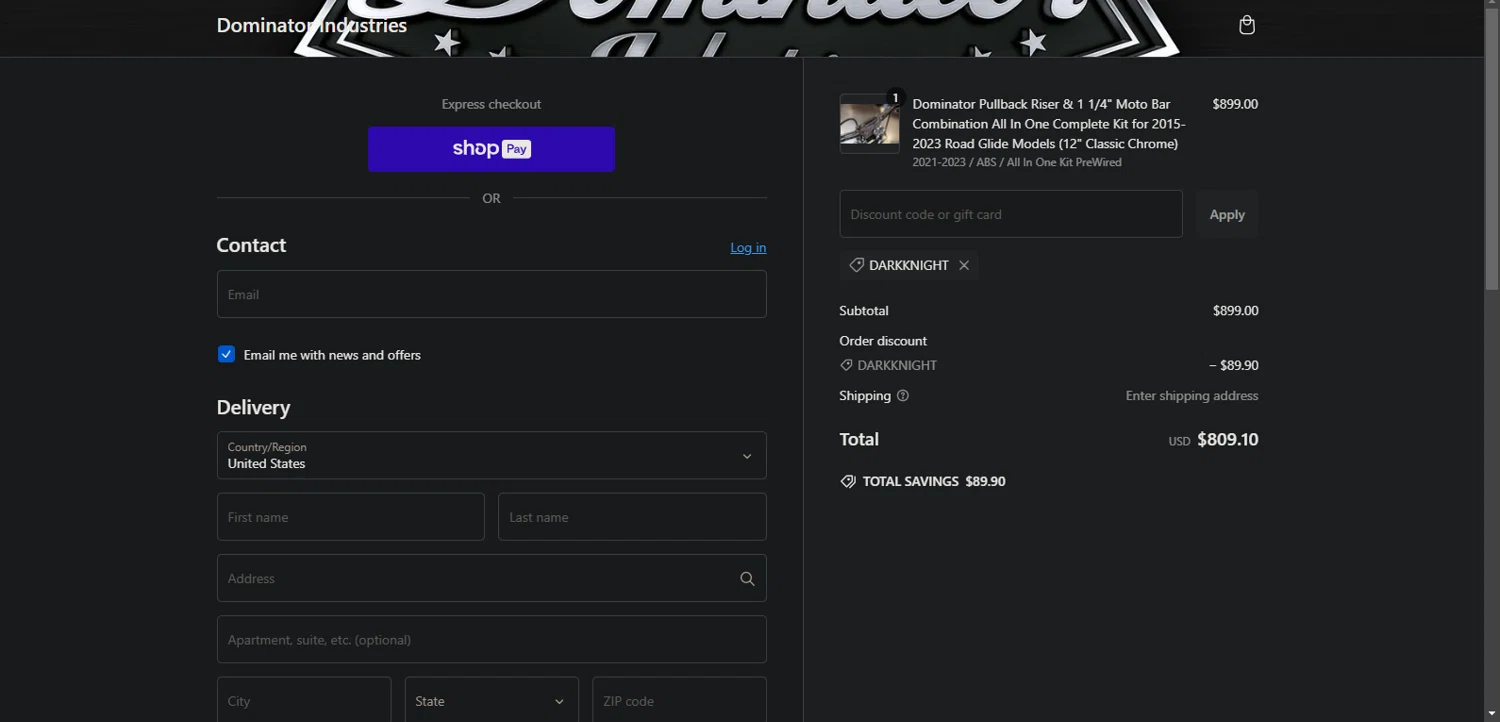 Dominator Cycles discount code screenshot showing code DARKKNIGHT applied at Dominator Cycles checkout page. Uploaded by SimplyCodes community member Nor_man on Dec 27, 2024