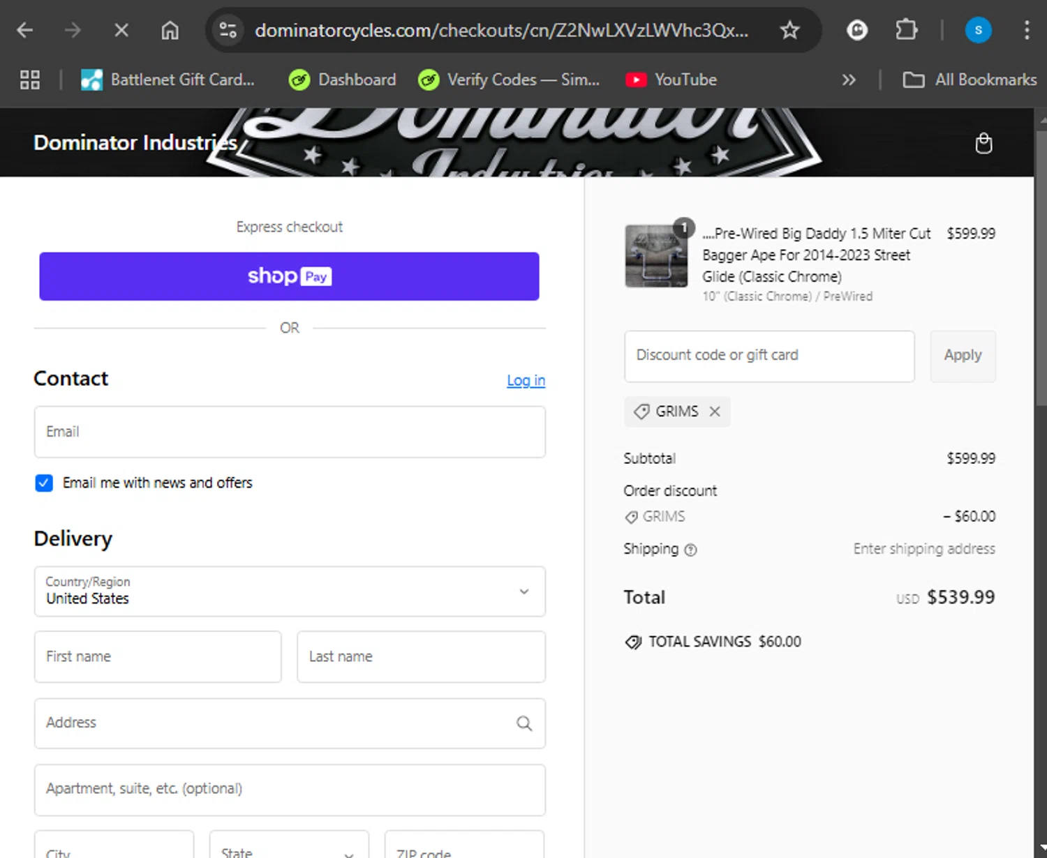 Dominator Cycles discount code screenshot showing code GRIMS applied at Dominator Cycles checkout page. Uploaded by SimplyCodes community member Giyuuu on Feb 23, 2025