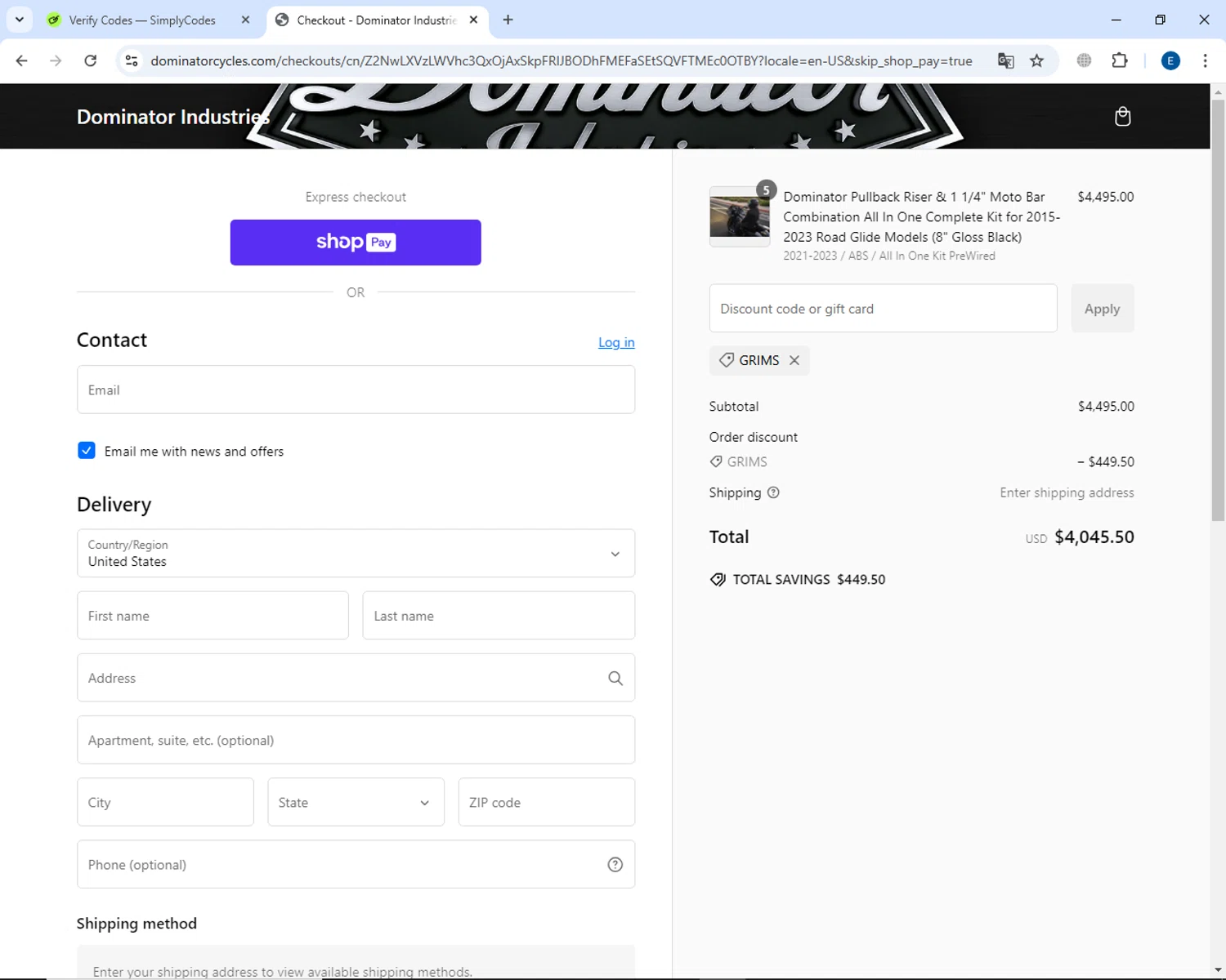 Dominator Cycles discount code screenshot showing code GRIMS applied at Dominator Cycles checkout page. Uploaded by SimplyCodes community member GoldSaver5472 on Jan 25, 2025