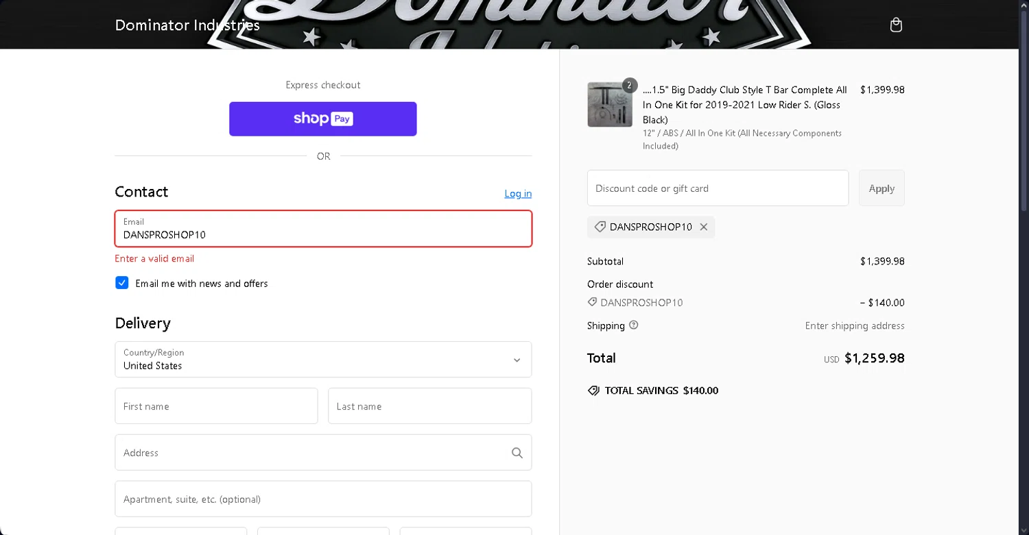 Dominator Cycles discount code screenshot showing code DANSPROSHOP10 applied at Dominator Cycles checkout page. Uploaded by SimplyCodes community member Cintirivero on Feb 23, 2025