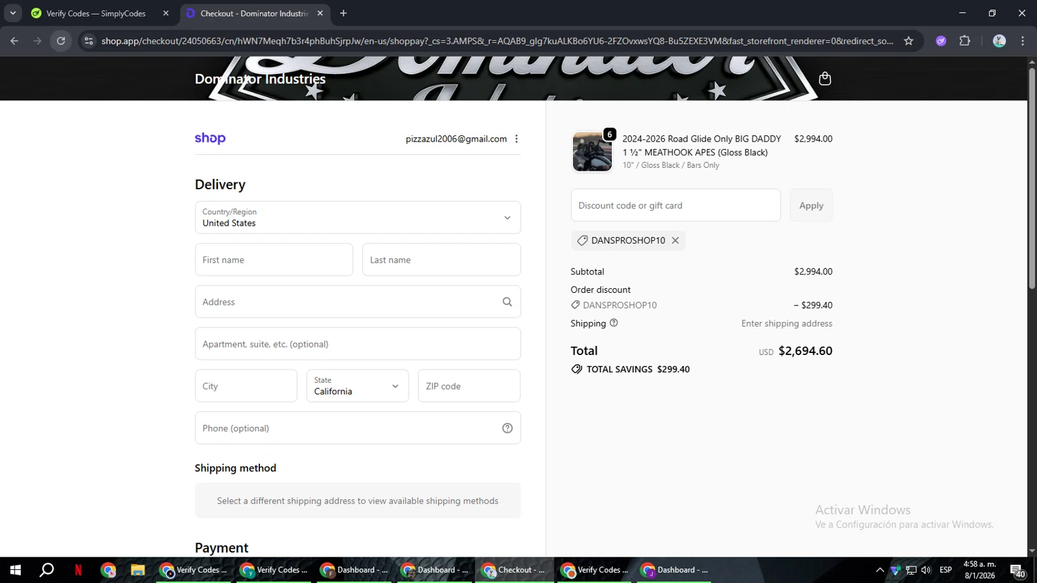 Dominator Cycles discount code screenshot showing code DANSPROSHOP10 applied at Dominator Cycles checkout page. Uploaded by SimplyCodes community member ShrewdSeeker6165 on Jan 8, 2026