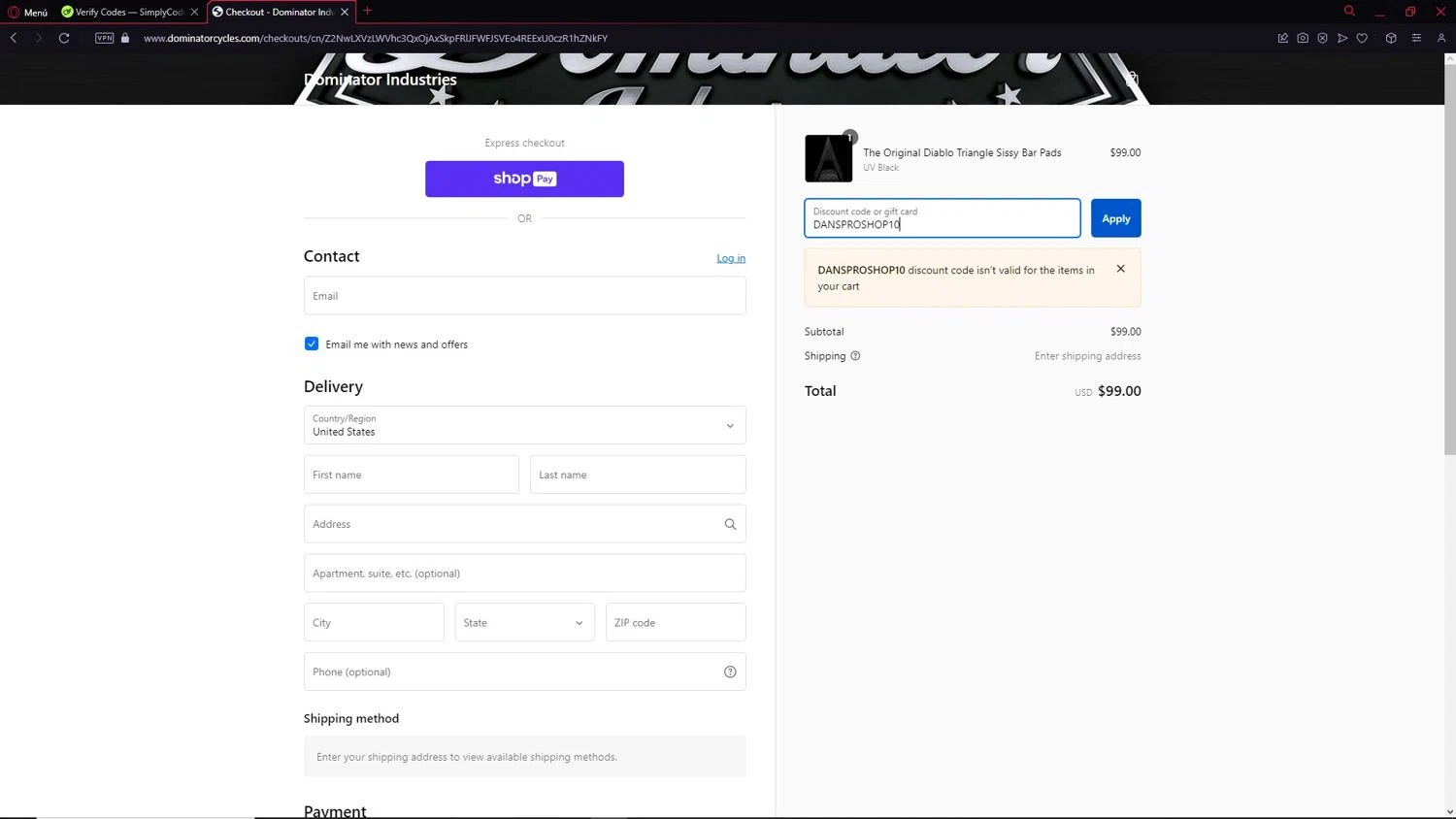 Dominator Cycles discount code screenshot showing code DANSPROSHOP10 applied at Dominator Cycles checkout page. Uploaded by SimplyCodes community member NobleCollector3799 on Jan 25, 2025