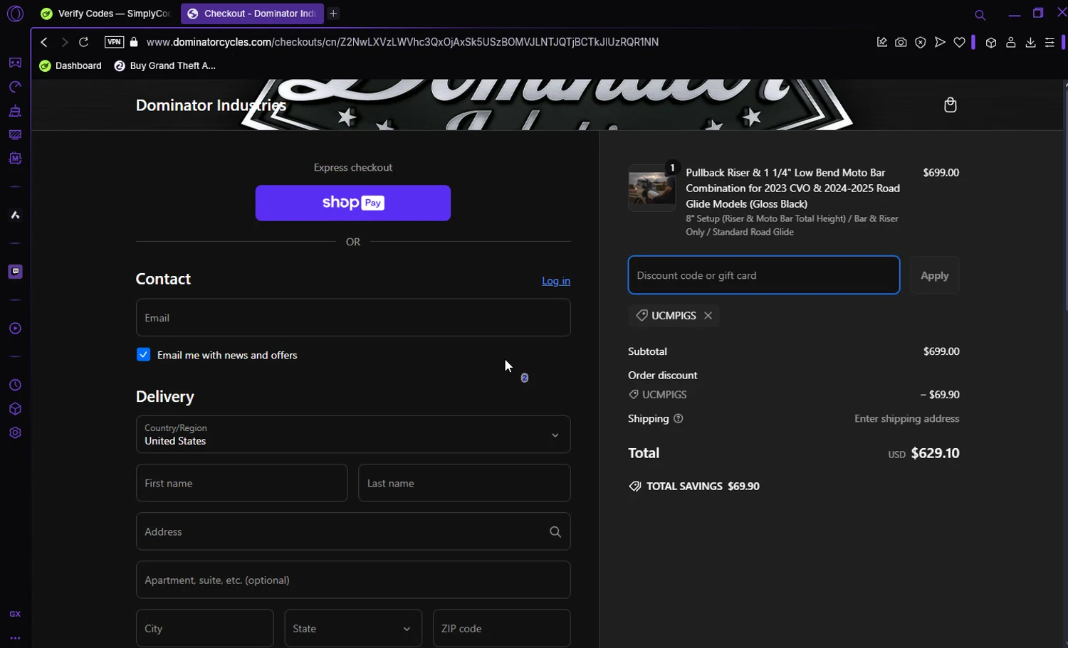 Dominator Cycles discount code screenshot showing code UCMPIGS applied at Dominator Cycles checkout page. Uploaded by SimplyCodes community member Darka007 on Mar 8, 2025
