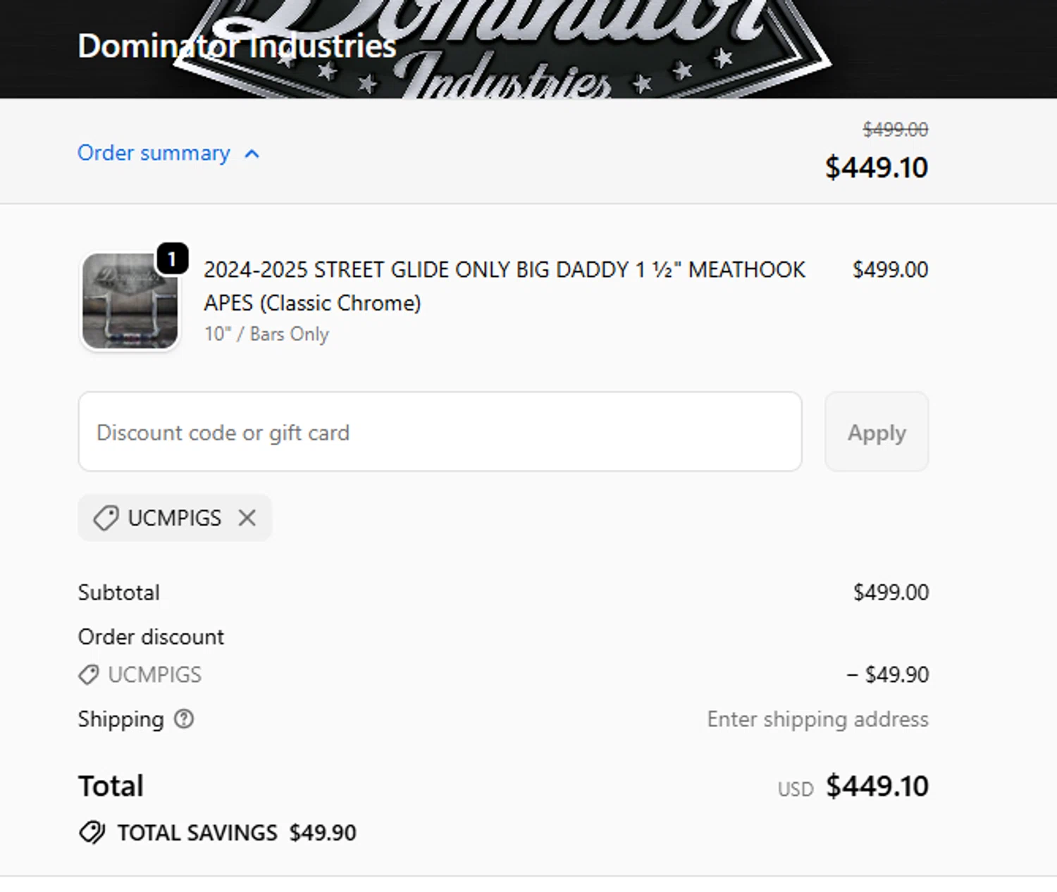 Dominator Cycles discount code screenshot showing code UCMPIGS applied at Dominator Cycles checkout page. Uploaded by SimplyCodes community member ElAuronPlay on Oct 28, 2025