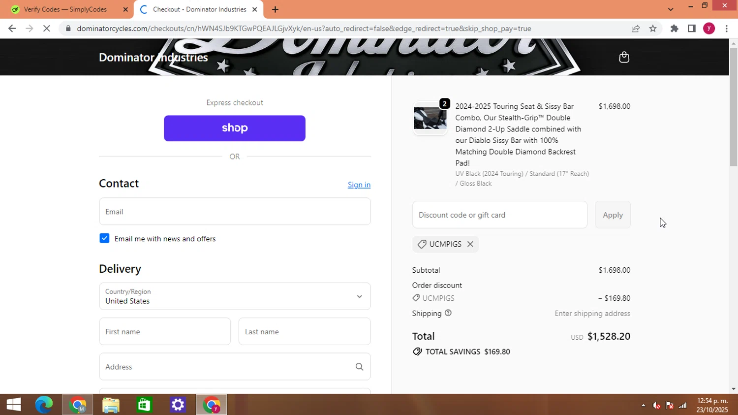Dominator Cycles discount code screenshot showing code UCMPIGS applied at Dominator Cycles checkout page. Uploaded by SimplyCodes community member ThriftyWizard1508 on Oct 23, 2025
