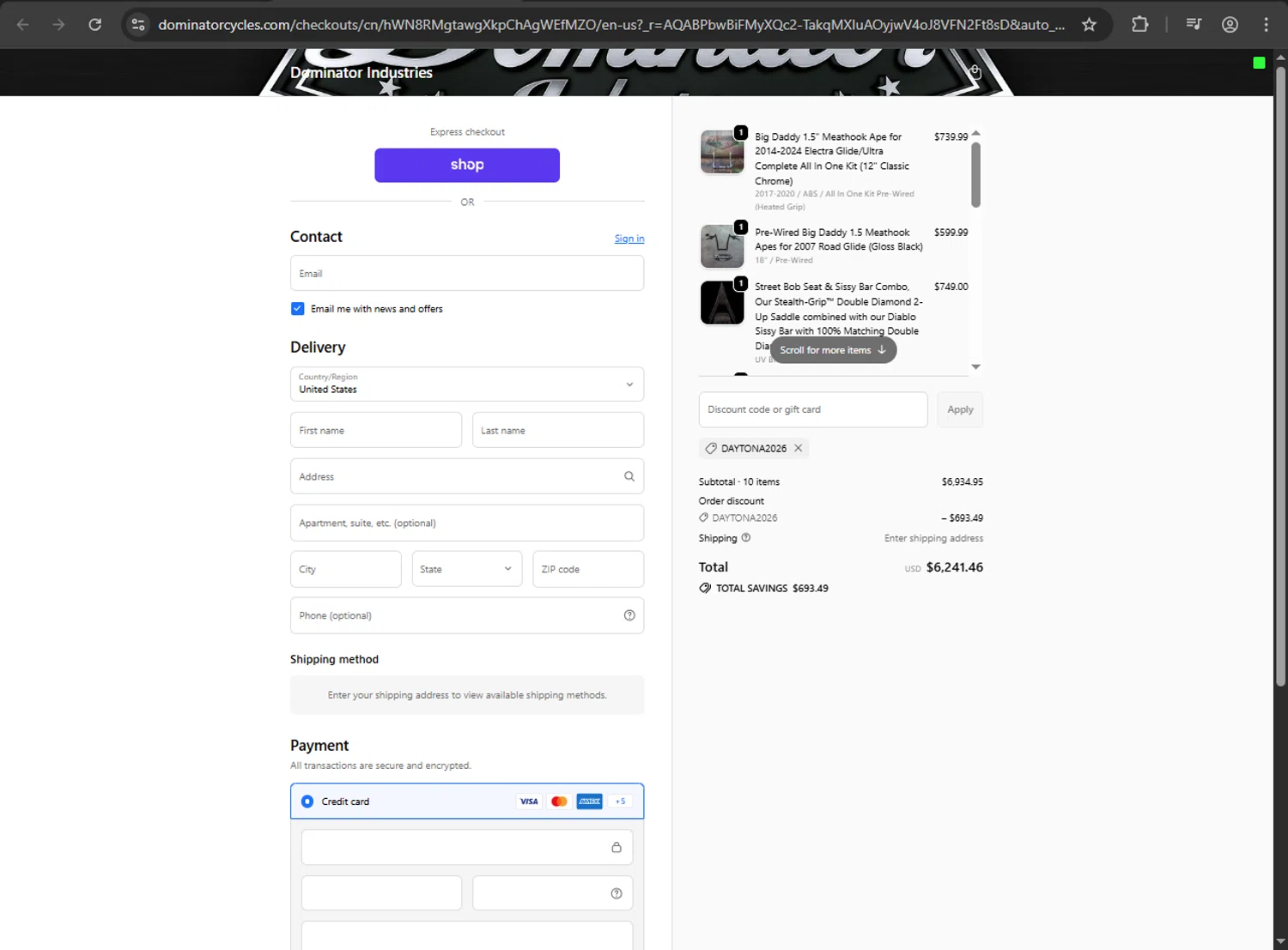 Dominator Cycles checkout page showing Dominator Cycles discount code box | Screenshot taken by SimplyCodes community member on Feb 5, 2026