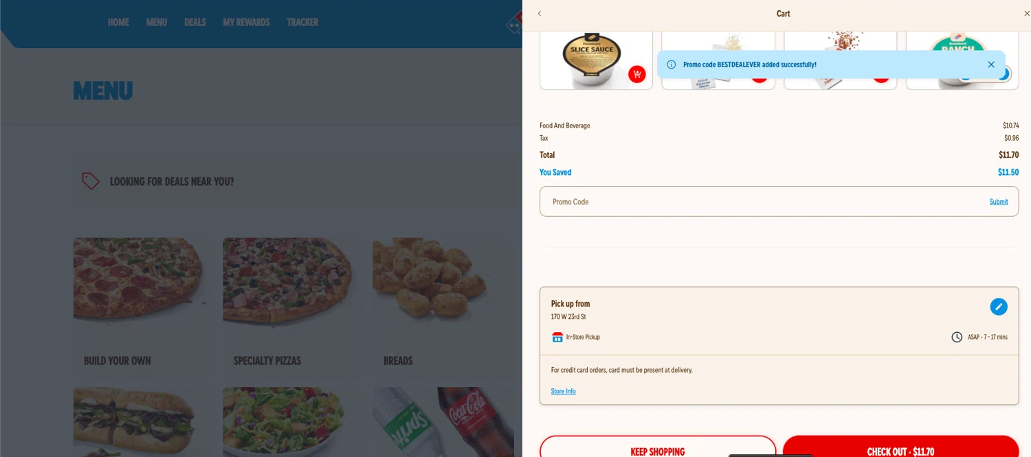 Domino's promo code screenshot showing code BESTDEALEVER applied at Domino's checkout page. Uploaded by SimplyCodes community member ELOIN777 on Jun 21, 2026