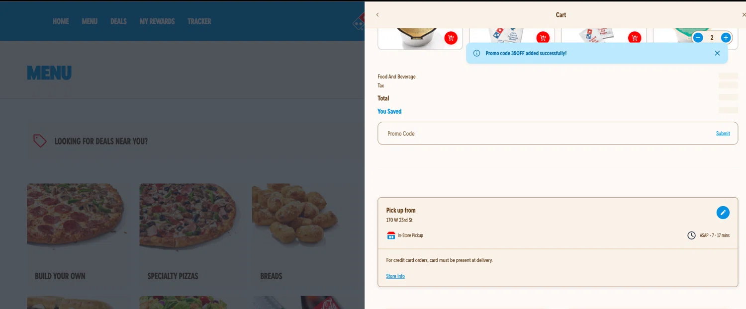 Domino's promo code screenshot showing code 35OFF applied at Domino's checkout page. Uploaded by SimplyCodes community member ELOIN777 on Jun 20, 2026
