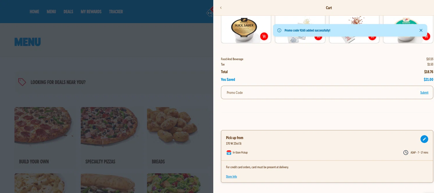 Domino's promo code screenshot showing code 9265 applied at Domino's checkout page. Uploaded by SimplyCodes community member ELOIN777 on Jun 14, 2026